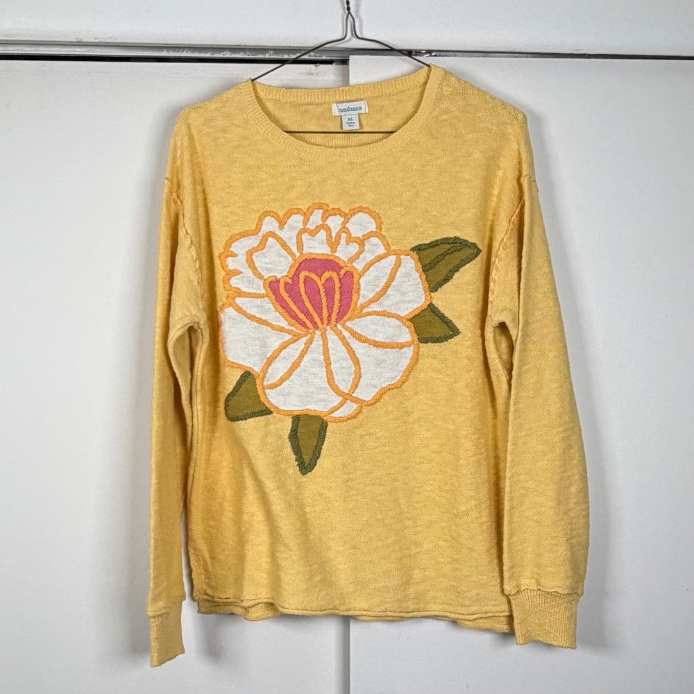 Sundance Yellow Cotton Floral Embroidered Crewneck Sweater Womens XS Boho Knit